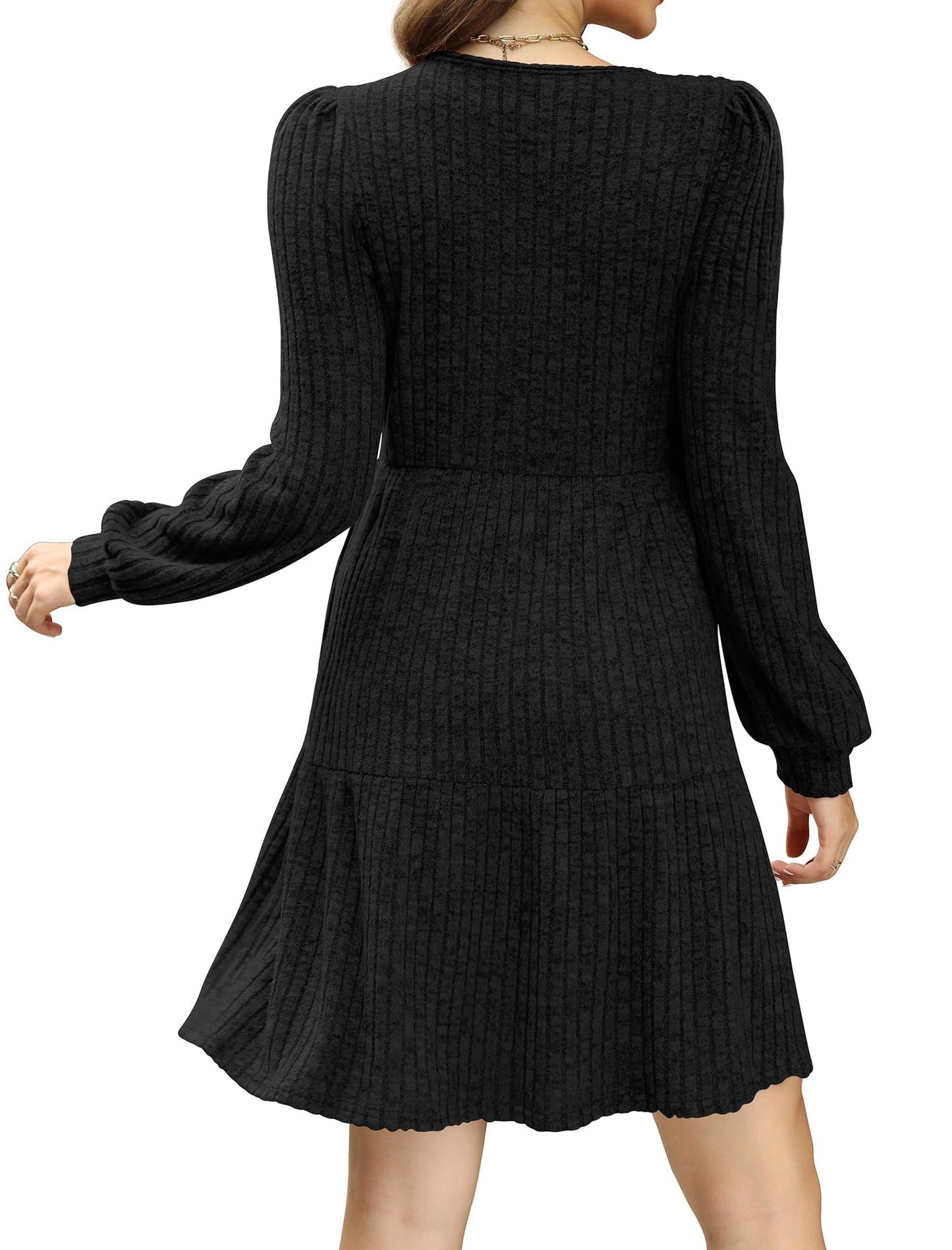 Womens Square Neck Long Sleeve Fall Dresses Casual Babydoll Sweater Dress