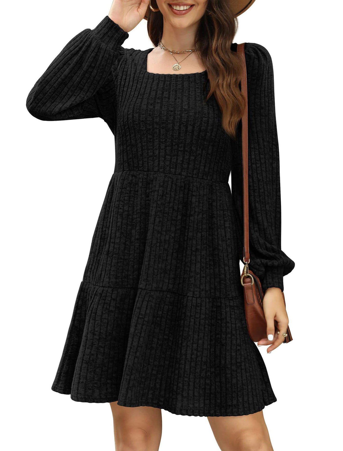 Womens Square Neck Long Sleeve Fall Dresses Casual Babydoll Sweater Dress