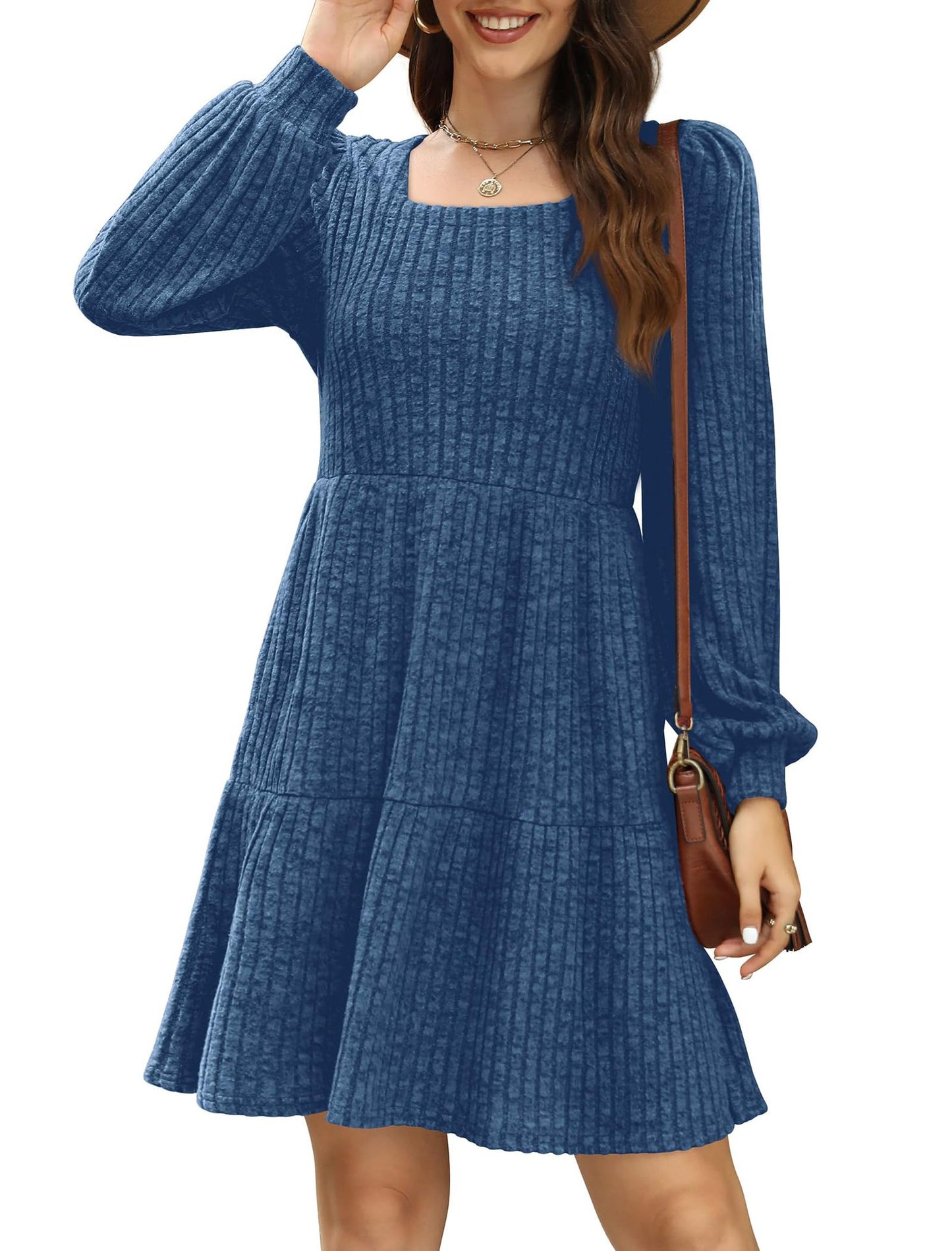 Womens Square Neck Long Sleeve Fall Dresses Casual Babydoll Sweater Dress