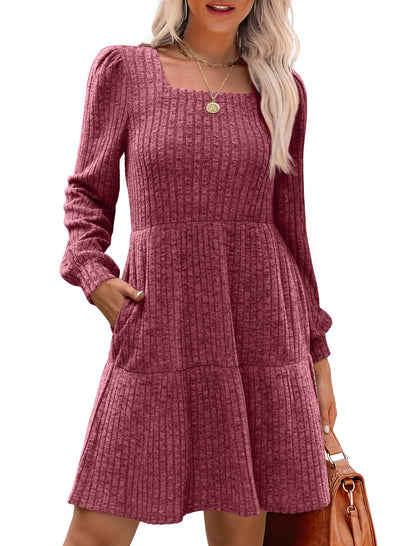 Womens Square Neck Long Sleeve Fall Dresses Casual Babydoll Sweater Dress