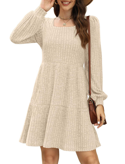 Womens Square Neck Long Sleeve Fall Dresses Casual Babydoll Sweater Dress
