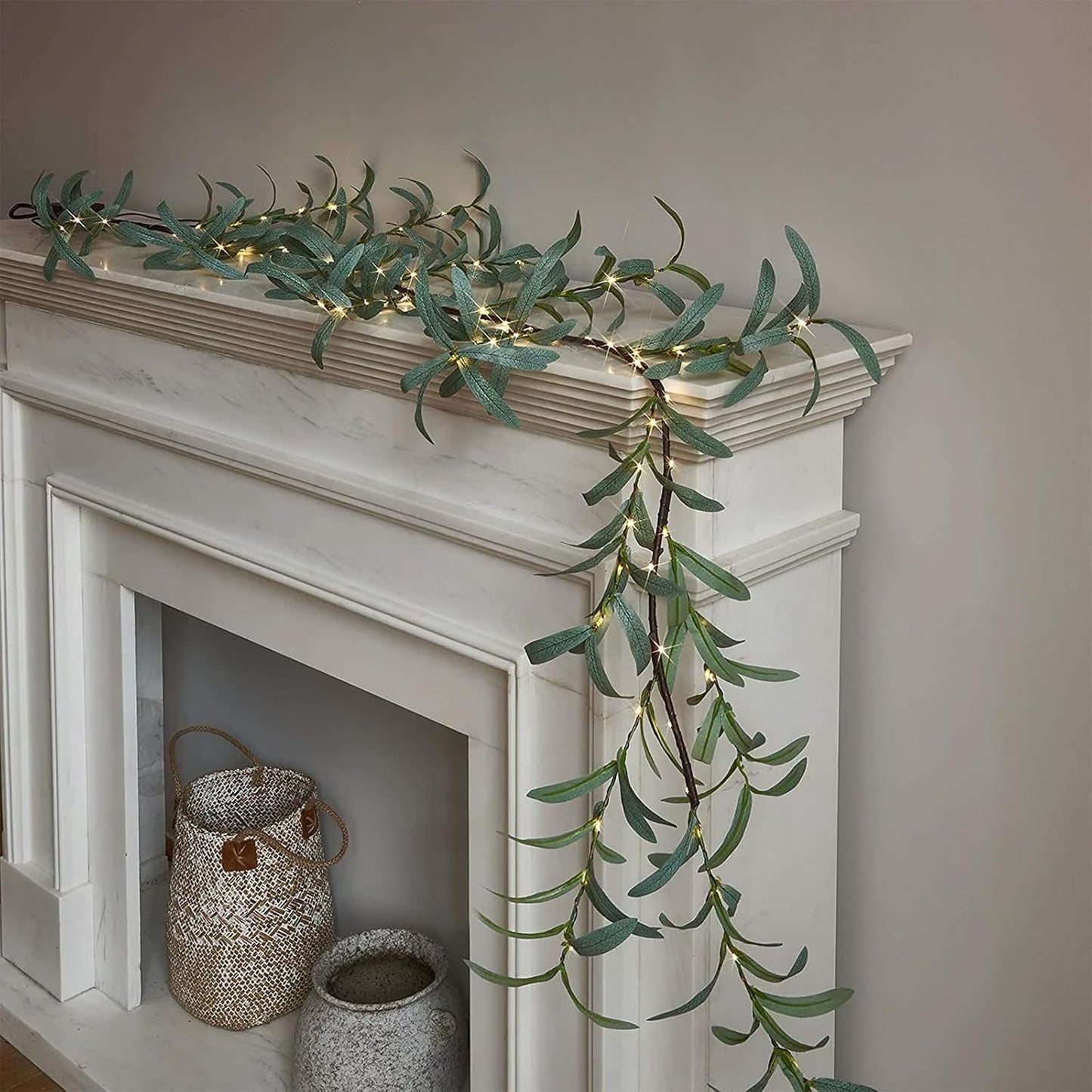 🌿Twinkling Tree Fairy Light Olive Vine🌿6FT 96 LED Fairy Lights Prelit - Battery Operated, Pre-lit Lighted Artificial Olive Garland with Timer for Christmas Fireplace Decorations (2pcs Pointed)