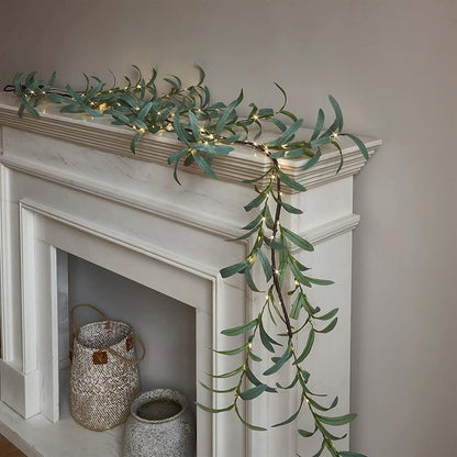 🌿Twinkling Tree Fairy Light Olive Vine🌿6FT 96 LED Fairy Lights Prelit - Battery Operated, Pre-lit Lighted Artificial Olive Garland with Timer for Christmas Fireplace Decorations (2pcs Pointed)