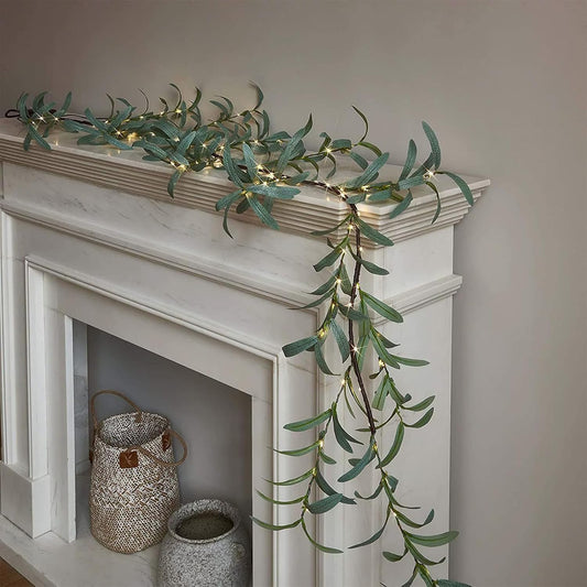 🌿Twinkling Tree Fairy Light Olive Vine🌿6FT 96 LED Fairy Lights Prelit - Battery Operated, Pre-lit Lighted Artificial Olive Garland with Timer for Christmas Fireplace Decorations (2pcs Pointed)