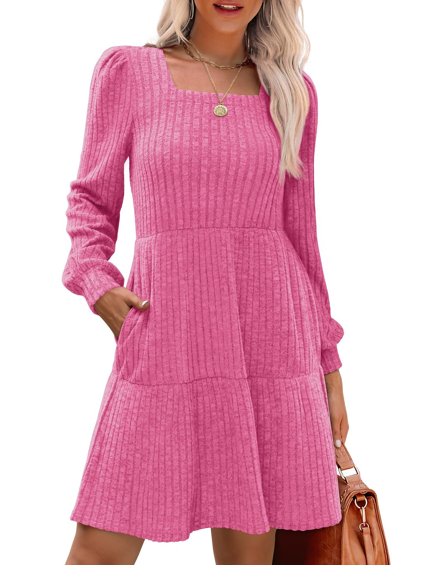Womens Square Neck Long Sleeve Fall Dresses Casual Babydoll Sweater Dress