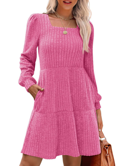 Womens Square Neck Long Sleeve Fall Dresses Casual Babydoll Sweater Dress