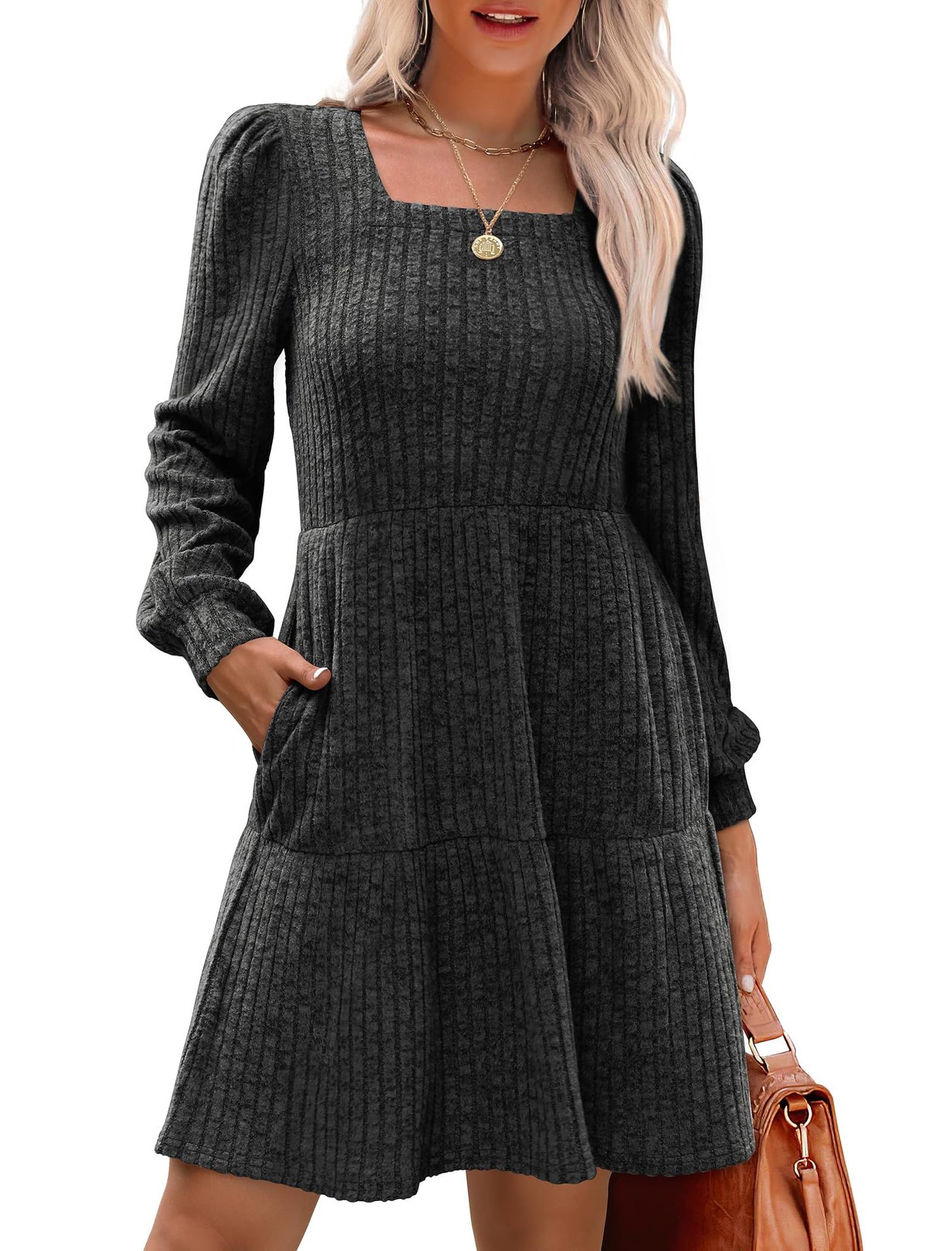 Womens Square Neck Long Sleeve Fall Dresses Casual Babydoll Sweater Dress