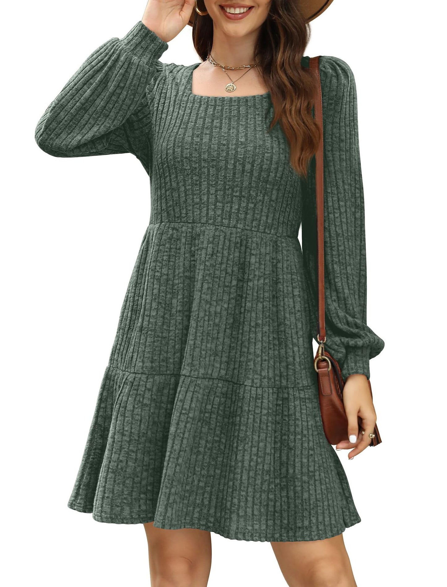 Womens Square Neck Long Sleeve Fall Dresses Casual Babydoll Sweater Dress