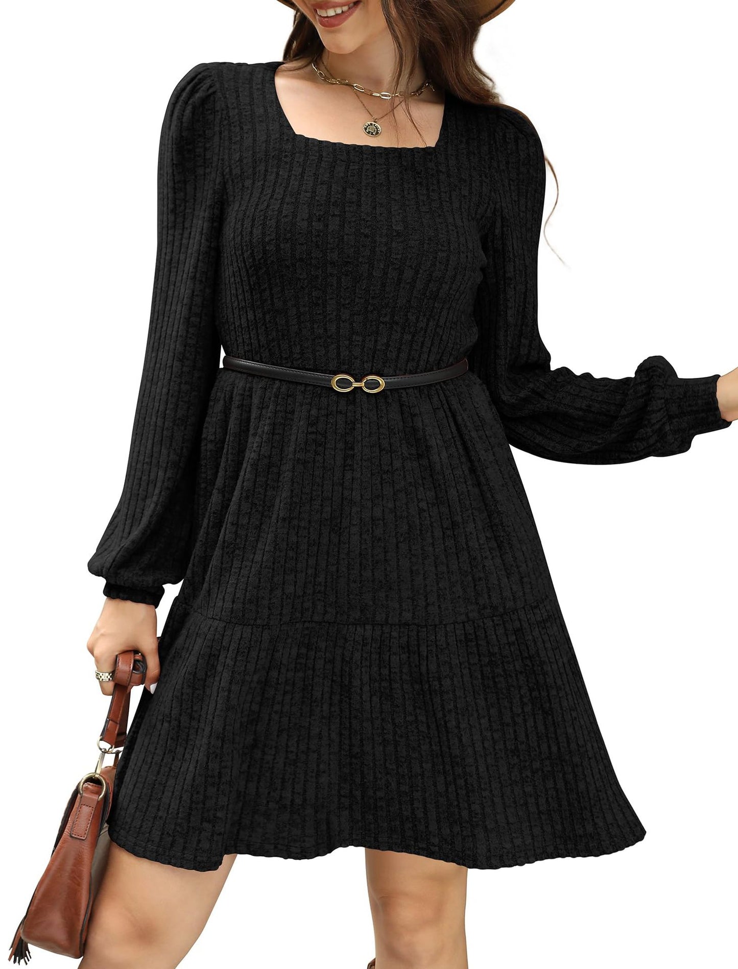 Womens Square Neck Long Sleeve Fall Dresses Casual Babydoll Sweater Dress