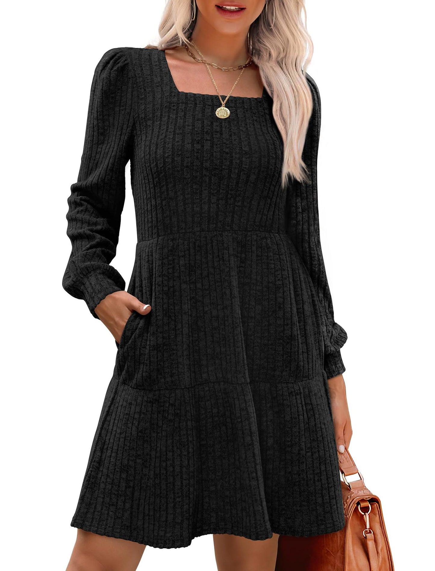 Womens Square Neck Long Sleeve Fall Dresses Casual Babydoll Sweater Dress