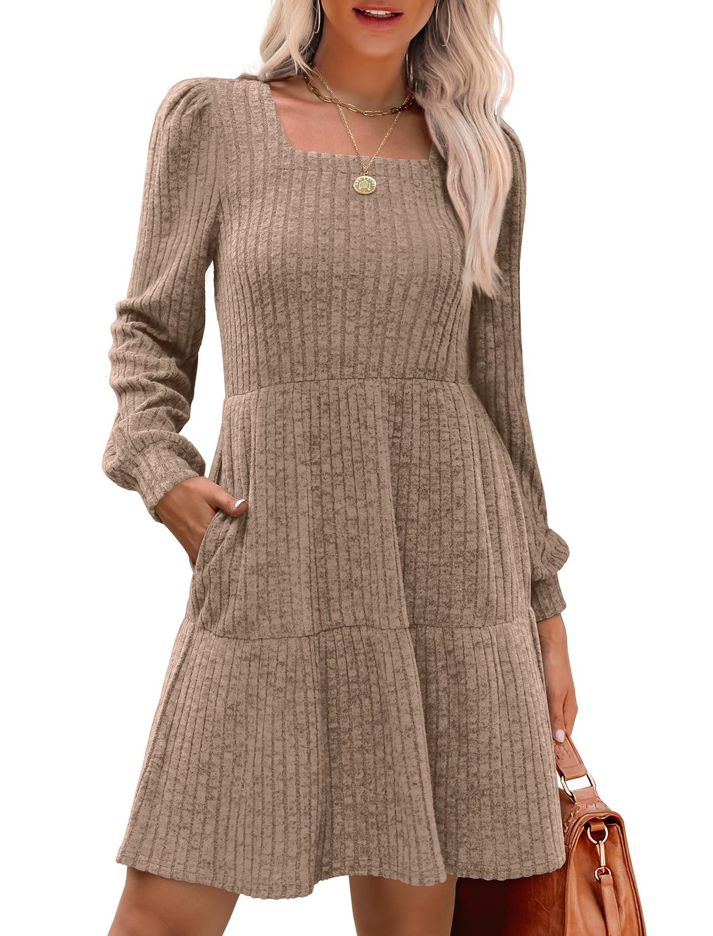 Womens Square Neck Long Sleeve Fall Dresses Casual Babydoll Sweater Dress