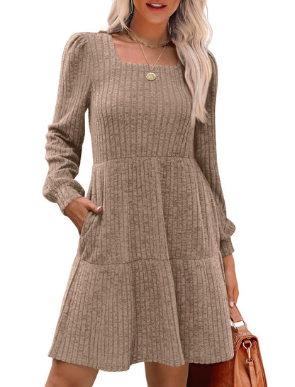 Womens Square Neck Long Sleeve Fall Dresses Casual Babydoll Sweater Dress